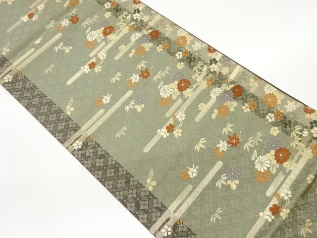 ヱ霞に草花・葉模様織出し袋帯